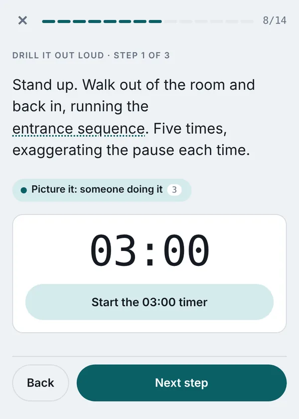 Drill it out loud screen in the Hold the Room app
