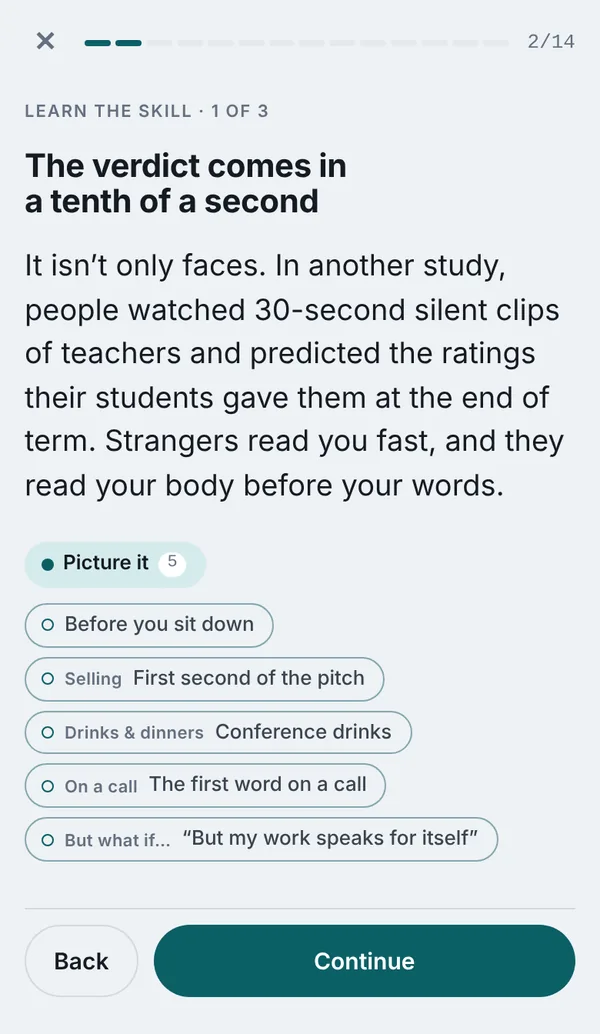 Learn the skill screen in the Hold the Room app