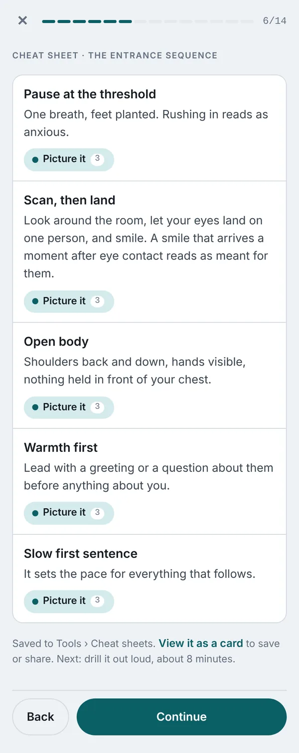 Cheat sheet screen in the Hold the Room app