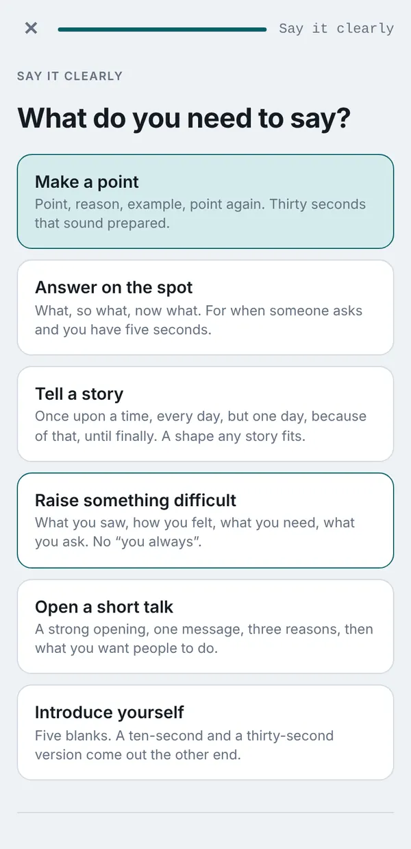 Say it clearly screen in the Hold the Room app