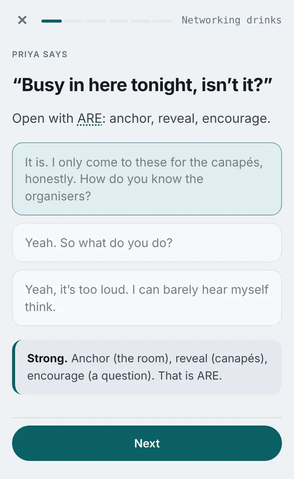 Practise a conversation screen in the Hold the Room app