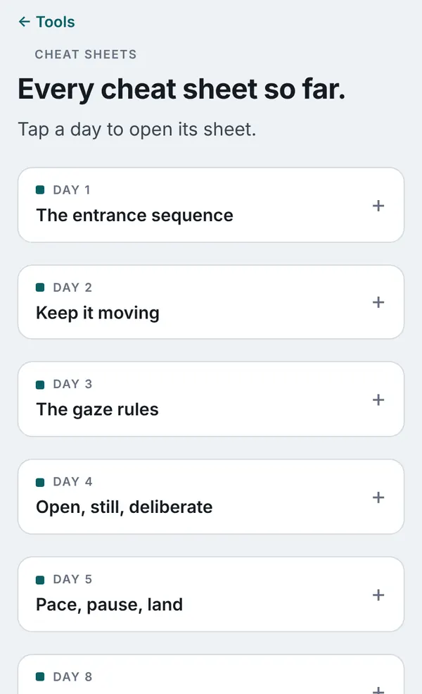 Cheat sheets screen in the Hold the Room app